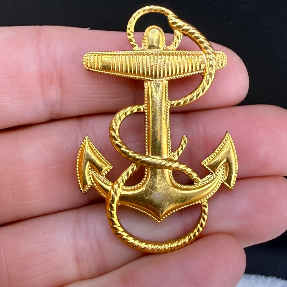 Vintage Anchor Brooch Gold Filled Rope‎ Wrap Nautical Pin Miliary